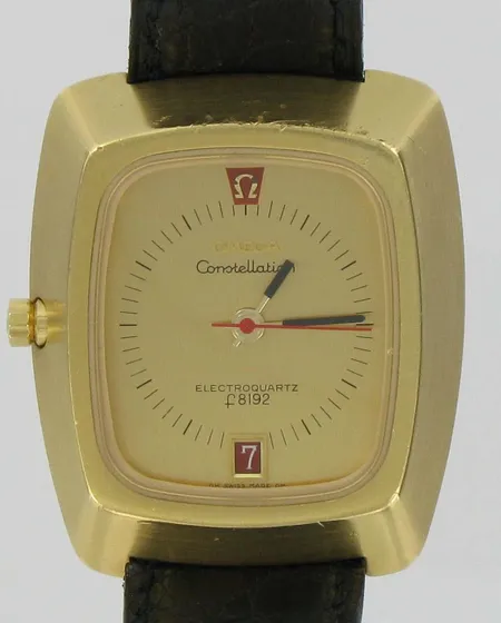 Miesten kultarannekello Omega Constellation Electroquartz f8192, 750br, paino 119,9g, alkuperäisellä nahkarannekkeella, rungossa pieniä naarmuja
